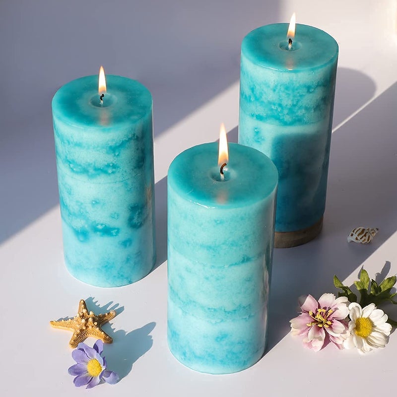 FLAVCHARM Pillar Candles Ocean Breeze Scented 3x6 inch Long-Lasting Clean Burning Candle 3 Pack Teal Turquoise Candles Coastal Themed Ocean Marine Rustic Decor for Home Bathroom Wedding - Image 2